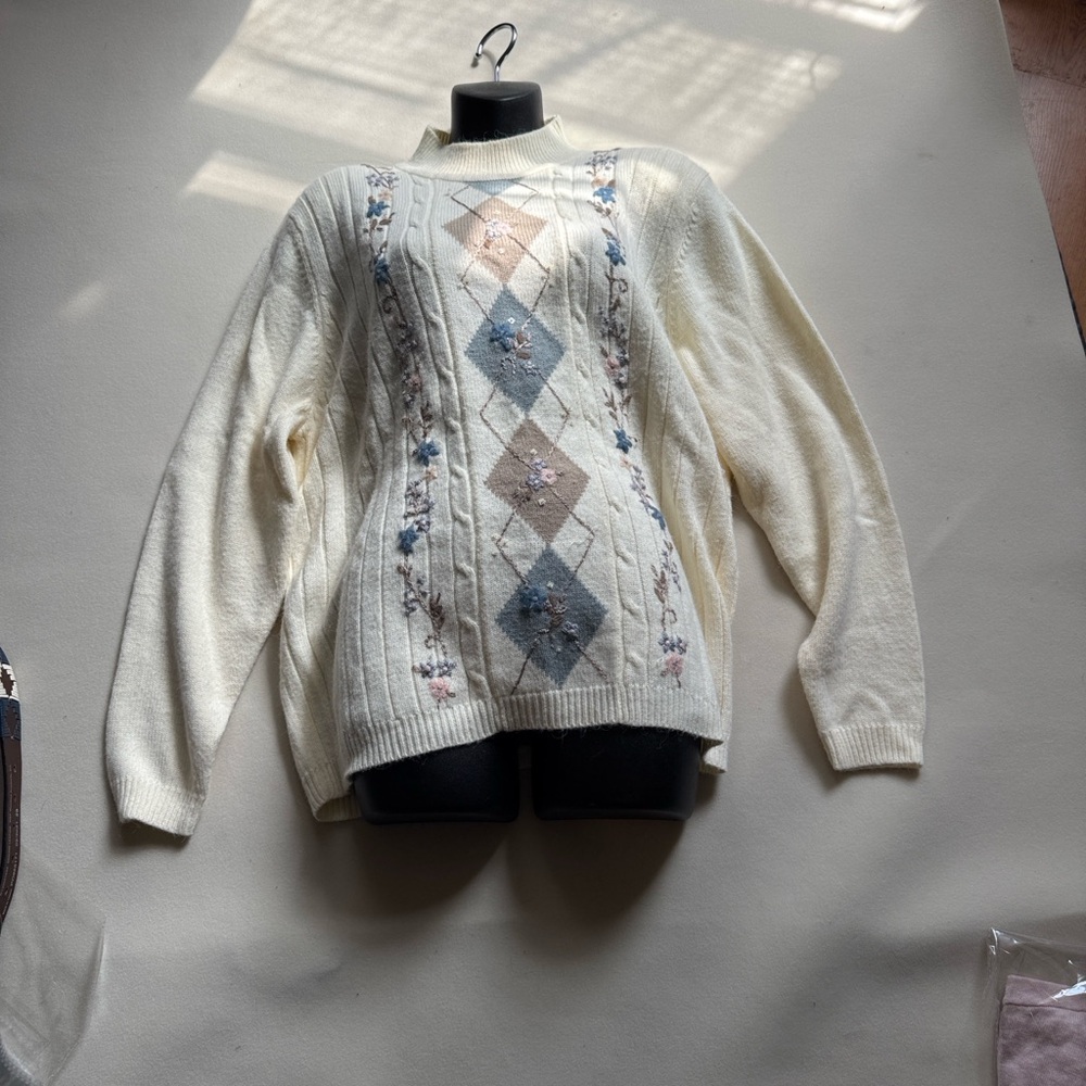 Alfred Dunner Cream Sweater with Blue and Brown Argyle & Floral Embroidery - Picture 3 of 8